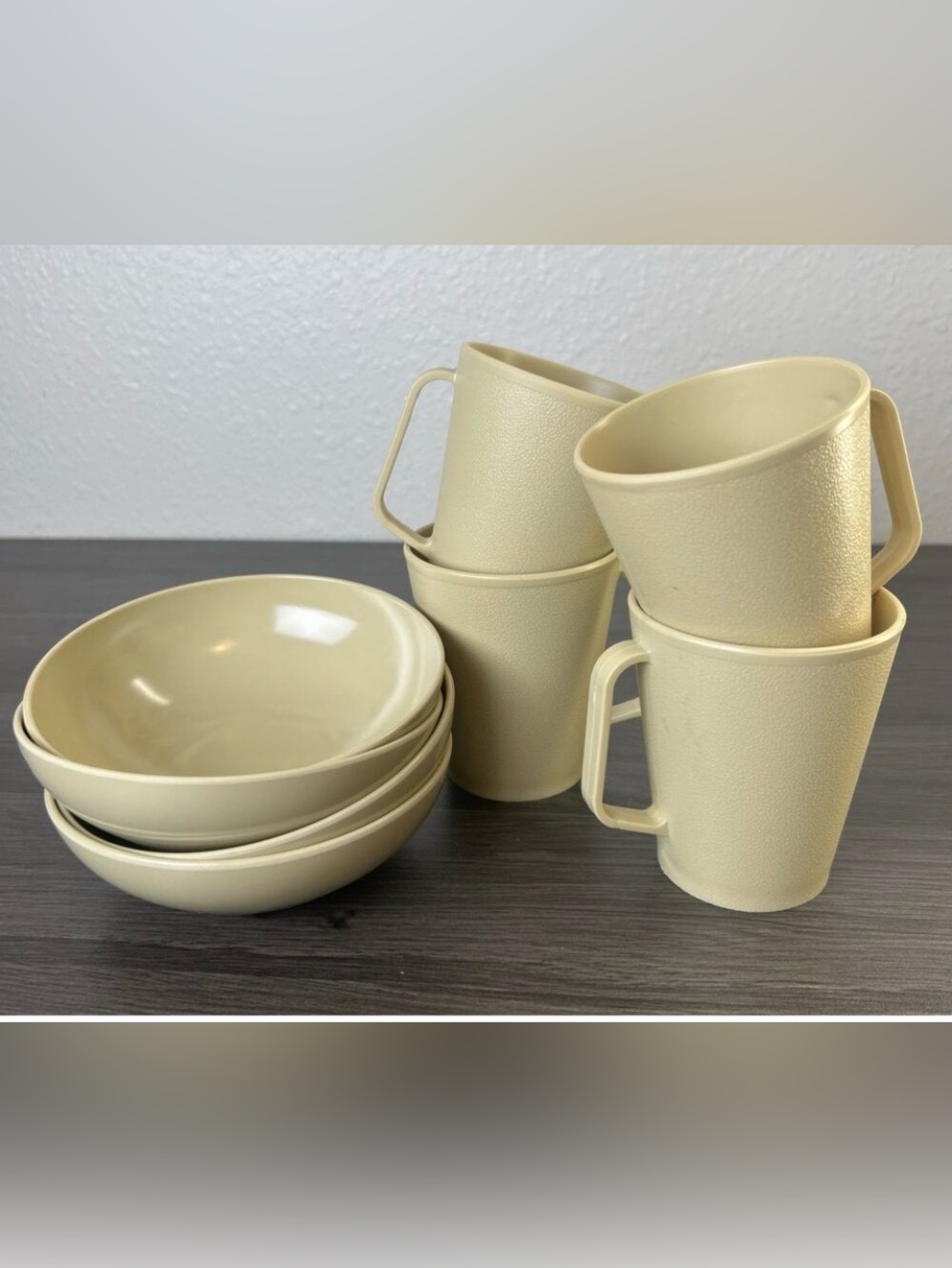 Vintage Beige Melamine Bowl Mug Set 8pc Retro Campware Cafeteria Cups MCM Hot
